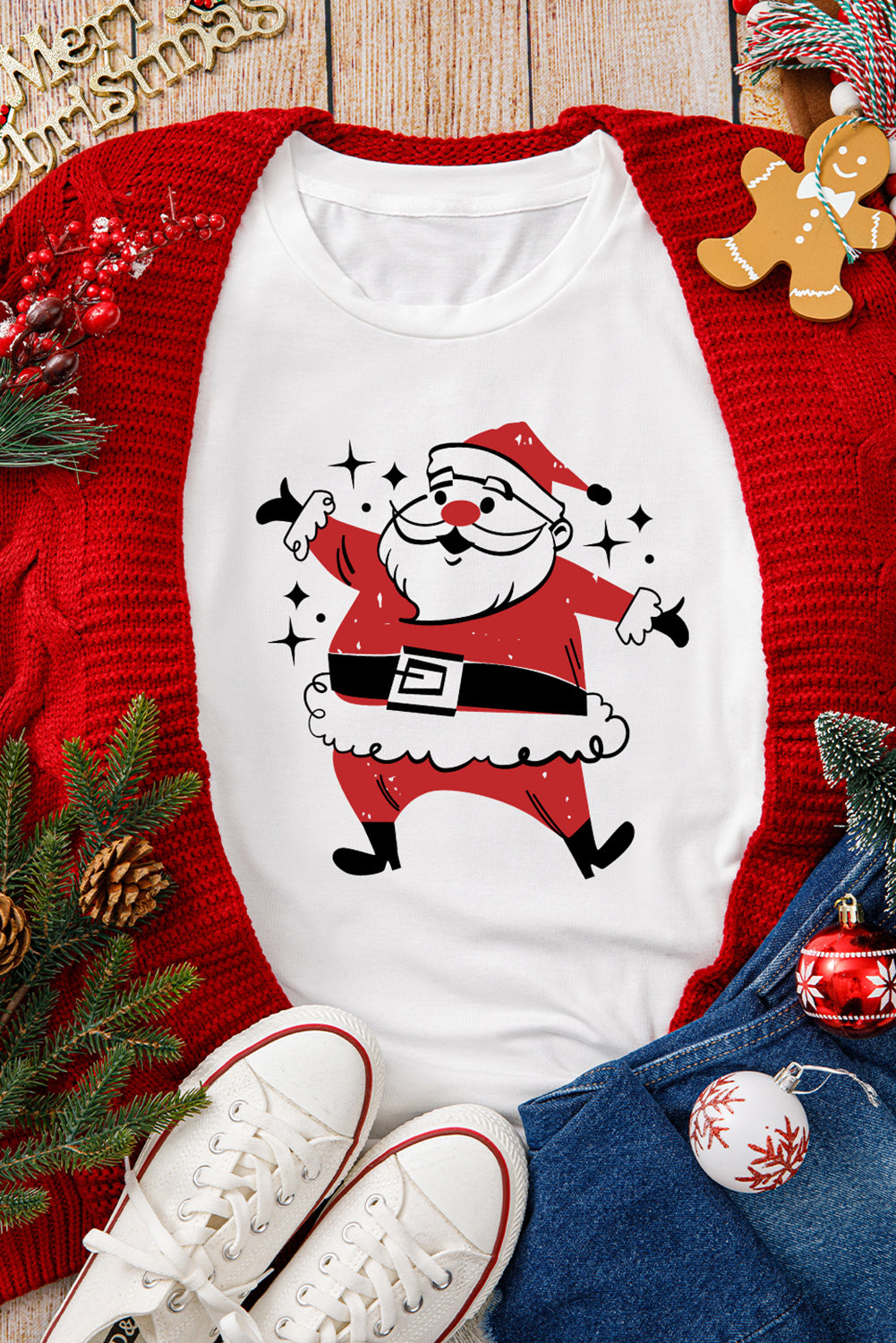 White Cute Father Christmas Printed Casual T Shirt