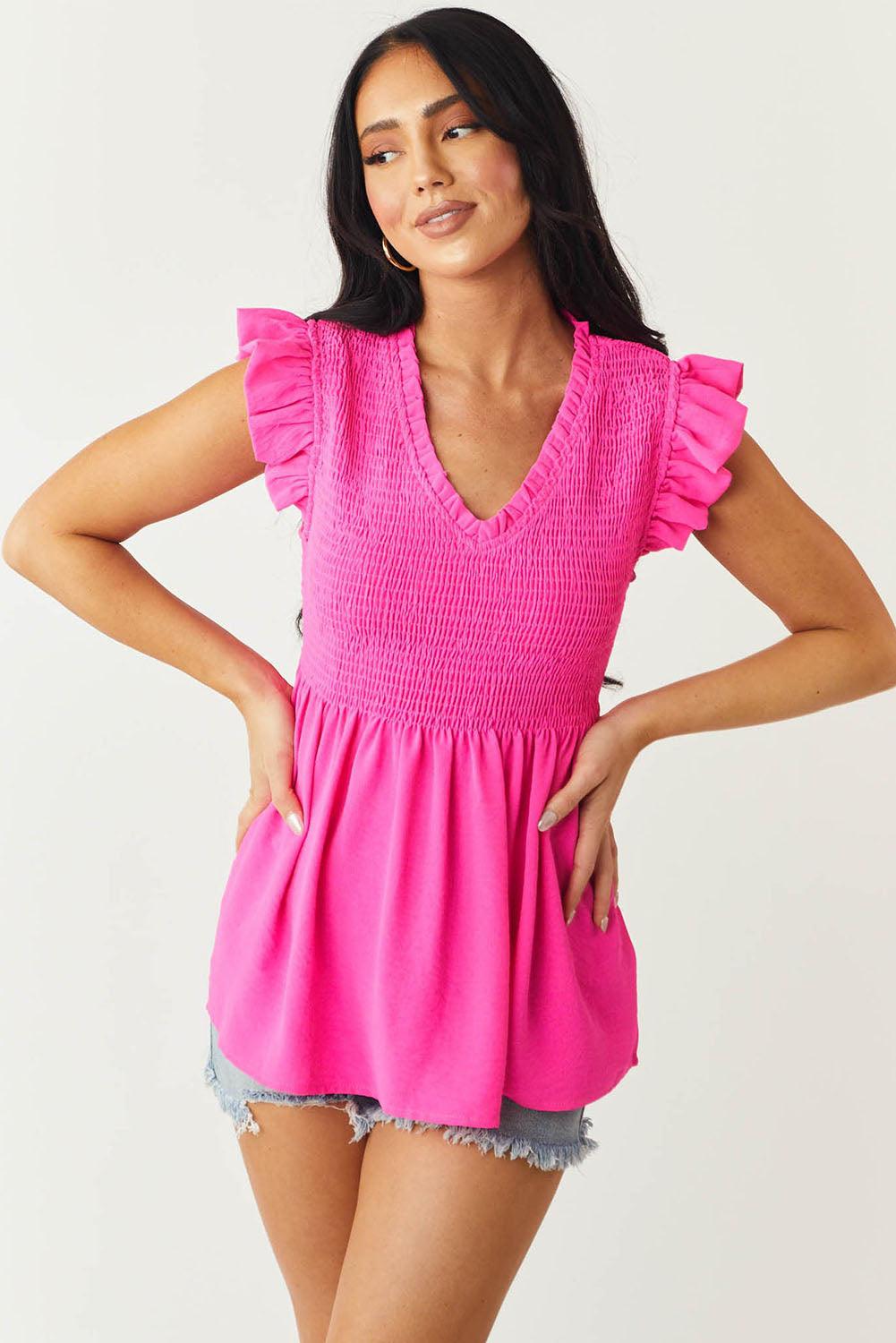 Smocked Ruffle Flutter Sleeve Peplum Blouse - L & M Kee, LLC