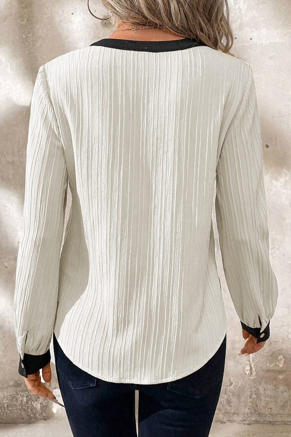 White Textured Colorblock V Neck Elegant Blouse