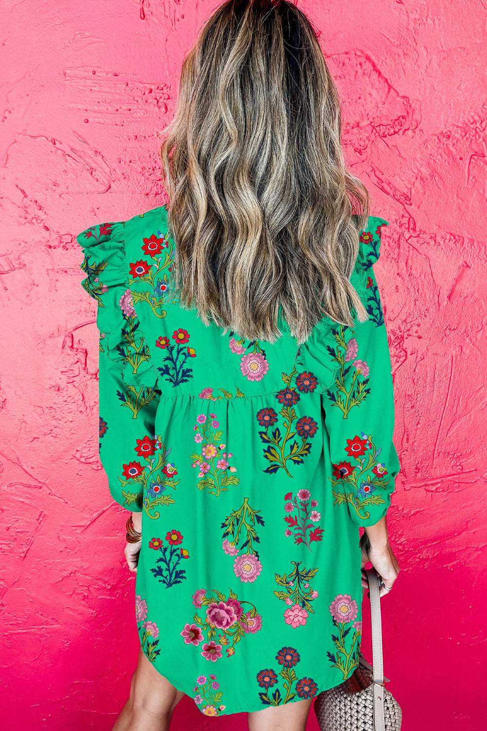 Green Floral Ruffled Three Quarter Sleeve Buttoned Mini Dress