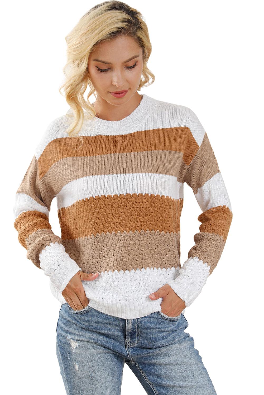 Chestnut Striped Cable Knit Drop Shoulder Sweater - L & M Kee, LLC