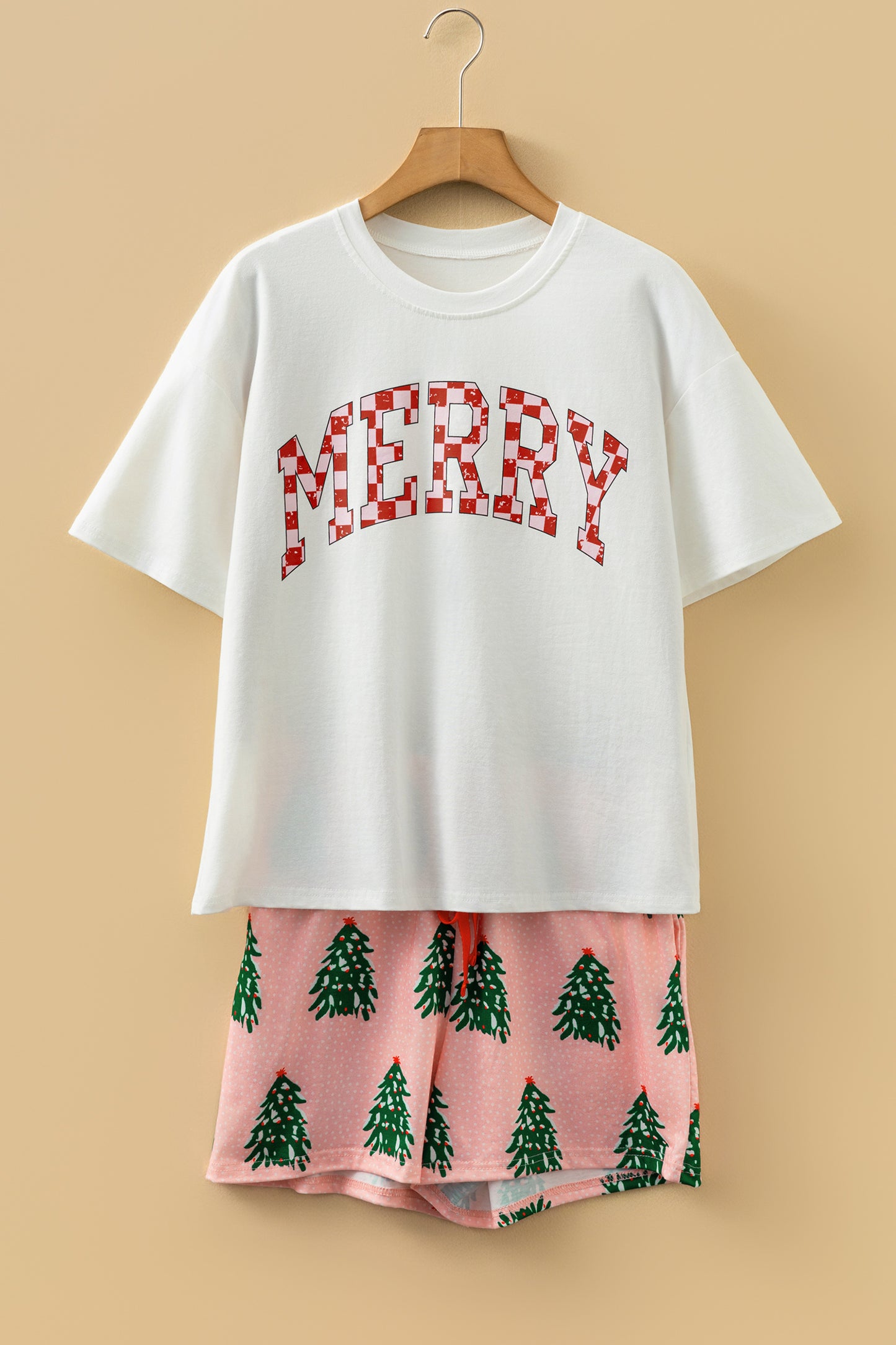 Pink Checkered MERRY Graphic Christmas Tree Print Short Lounge Set