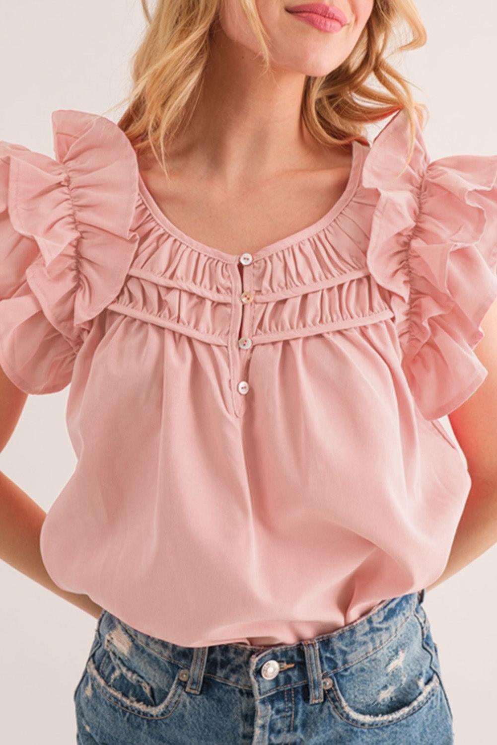 Peach Blossom Shirring Buttoned Neck Ruffle Sleeve Blouse - L & M Kee, LLC