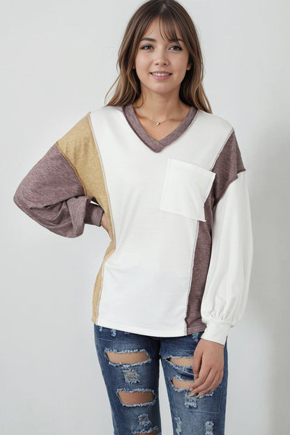 White Colorblock Patchwork Exposed Seam Knit Top - L & M Kee, LLC