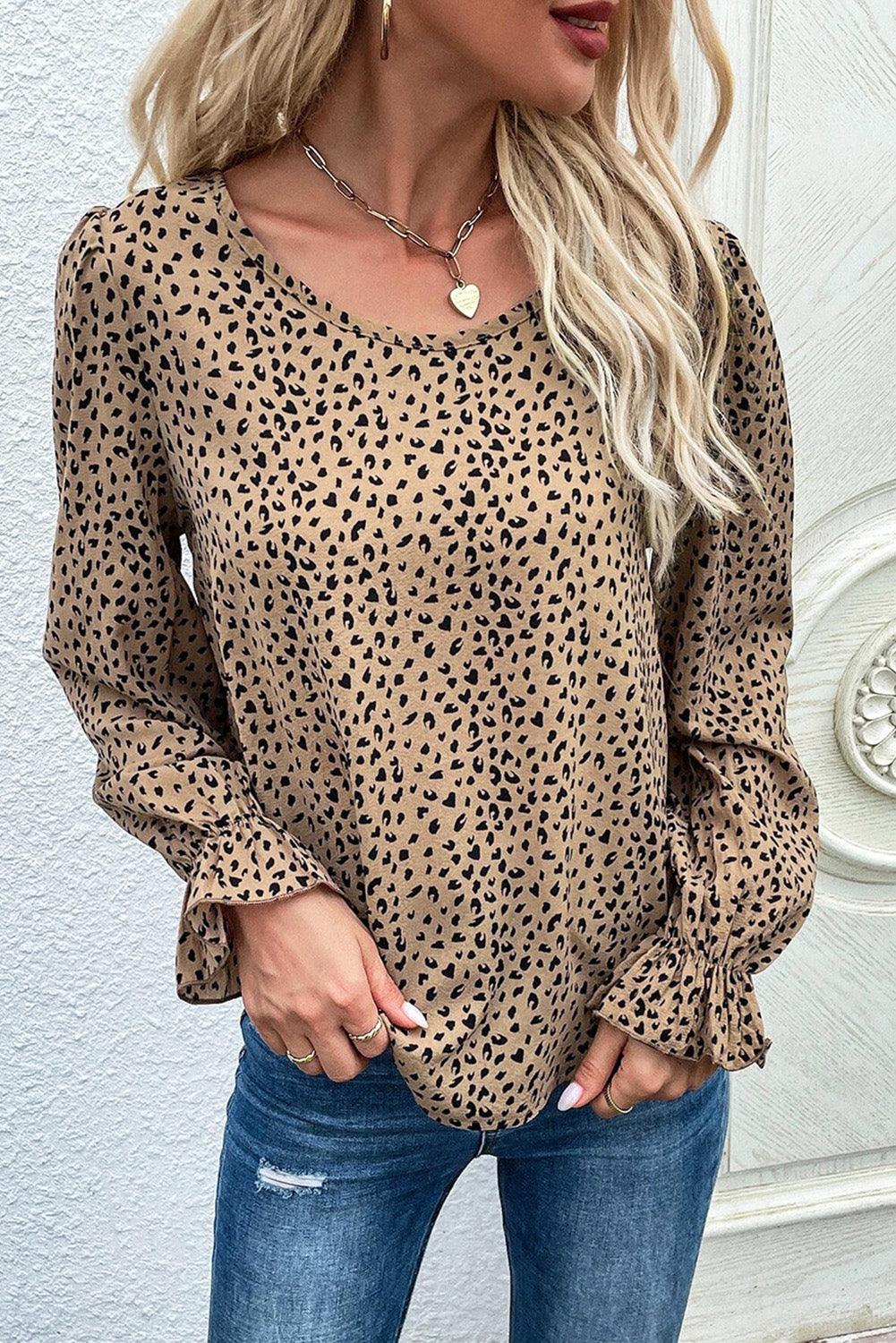 Leopard Print Ruffle Puff Sleeves Crew Neck Blouse - L & M Kee, LLC