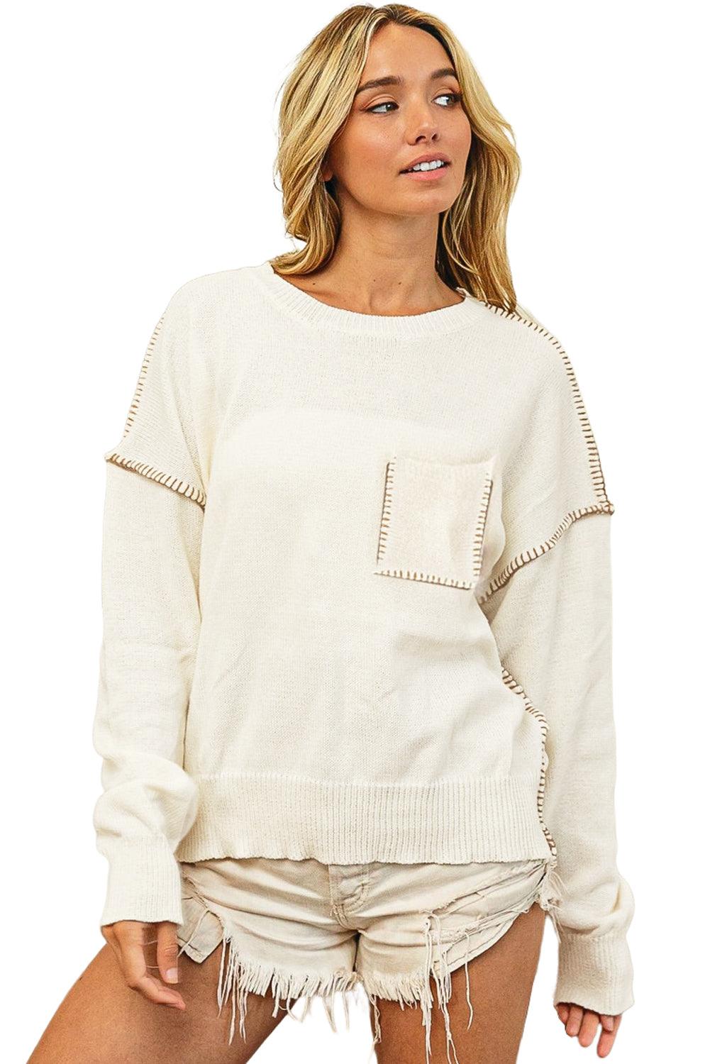 Beige Exposed Stitching Chest Pocket Drop Shoulder Sweater - L & M Kee, LLC