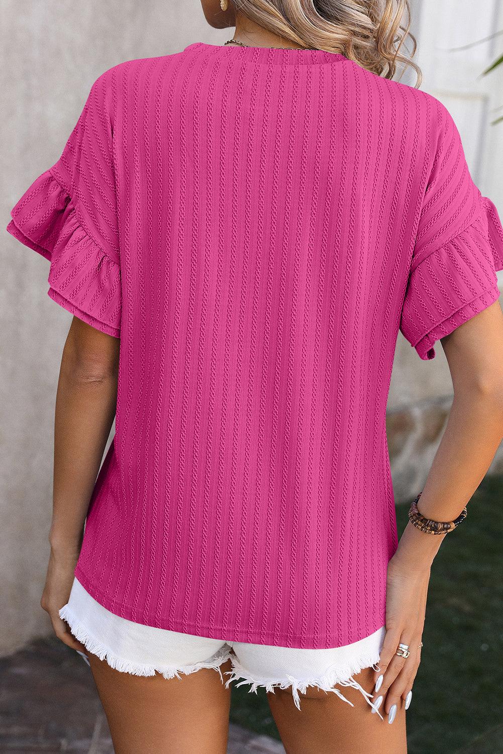 Bright Pink Ruffle Sleeve Textured Top - L & M Kee, LLC