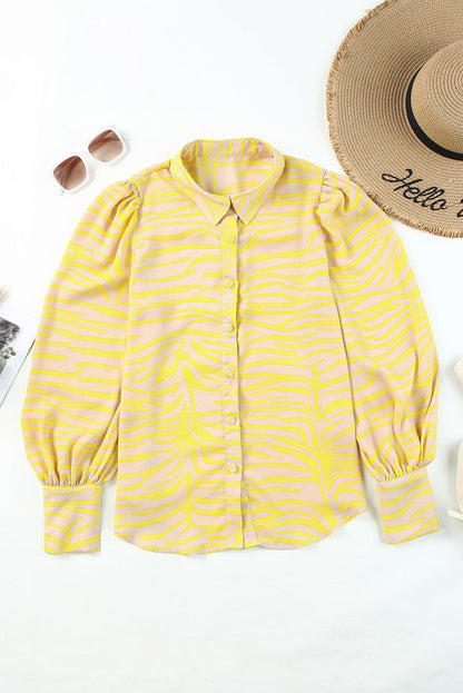 Yellow Zebra Stripes Print Lantern Sleeve Shirt - L & M Kee, LLC