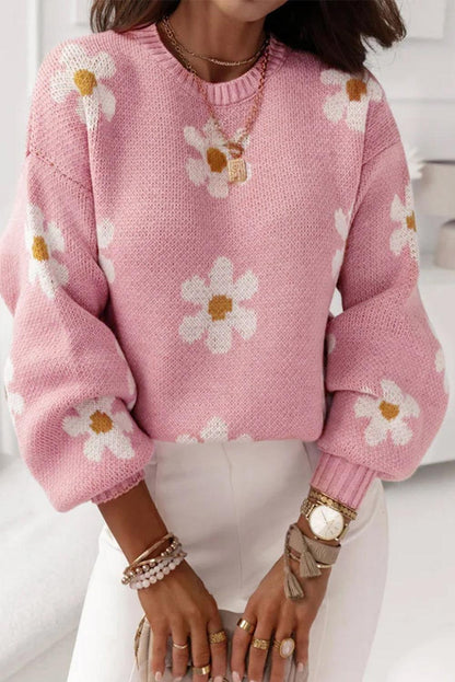 Pink Floral Pattern Drop Shoulder Sweater - L & M Kee, LLC