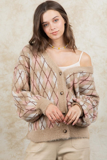 Multicolour Rhombus Pattern Knit Sweater Cardigan - L & M Kee, LLC