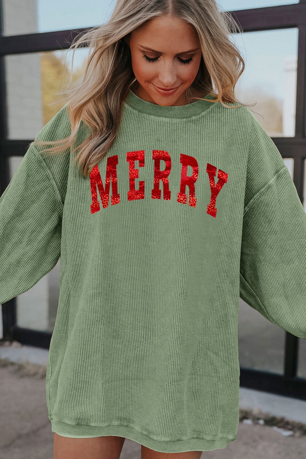 Grass Green Christmas MERRY Letter Printed Corded Baggy Sweatshirt