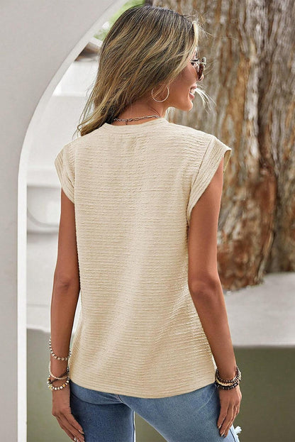 Beige Solid Textured Batwing Sleeve Crew Neck T Shirt - L & M Kee, LLC