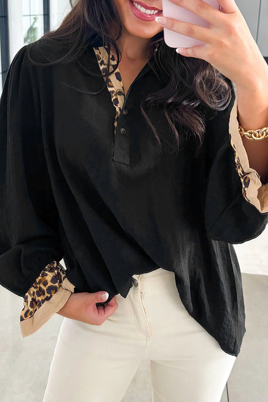 Black Contrast Leopard Print Patchwork Polo Collar Buttons Front Ruffled Long Sleeve Blouse
