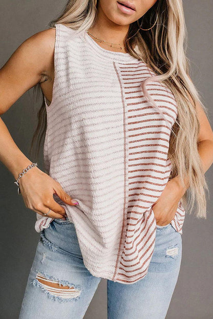 Brown Stripe Colorblock Loose Tank Top - L & M Kee, LLC