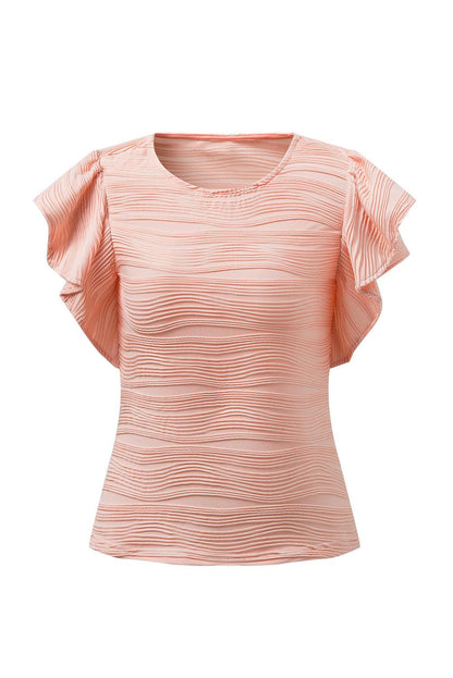 Apricot Pink Wavy Textured Ruffle Sleeve Top - L & M Kee, LLC