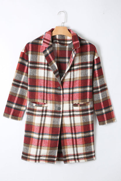 Fiery Red Plaid Button Up Lapel Jacket - L & M Kee, LLC