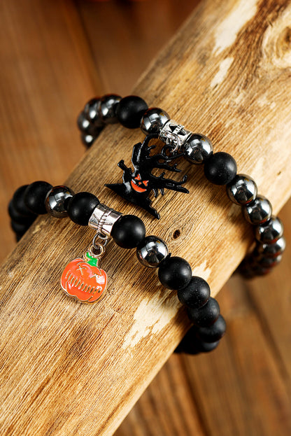 Black Halloween Pumpkin Ghost Pendant Beaded Layered Bracelet Set