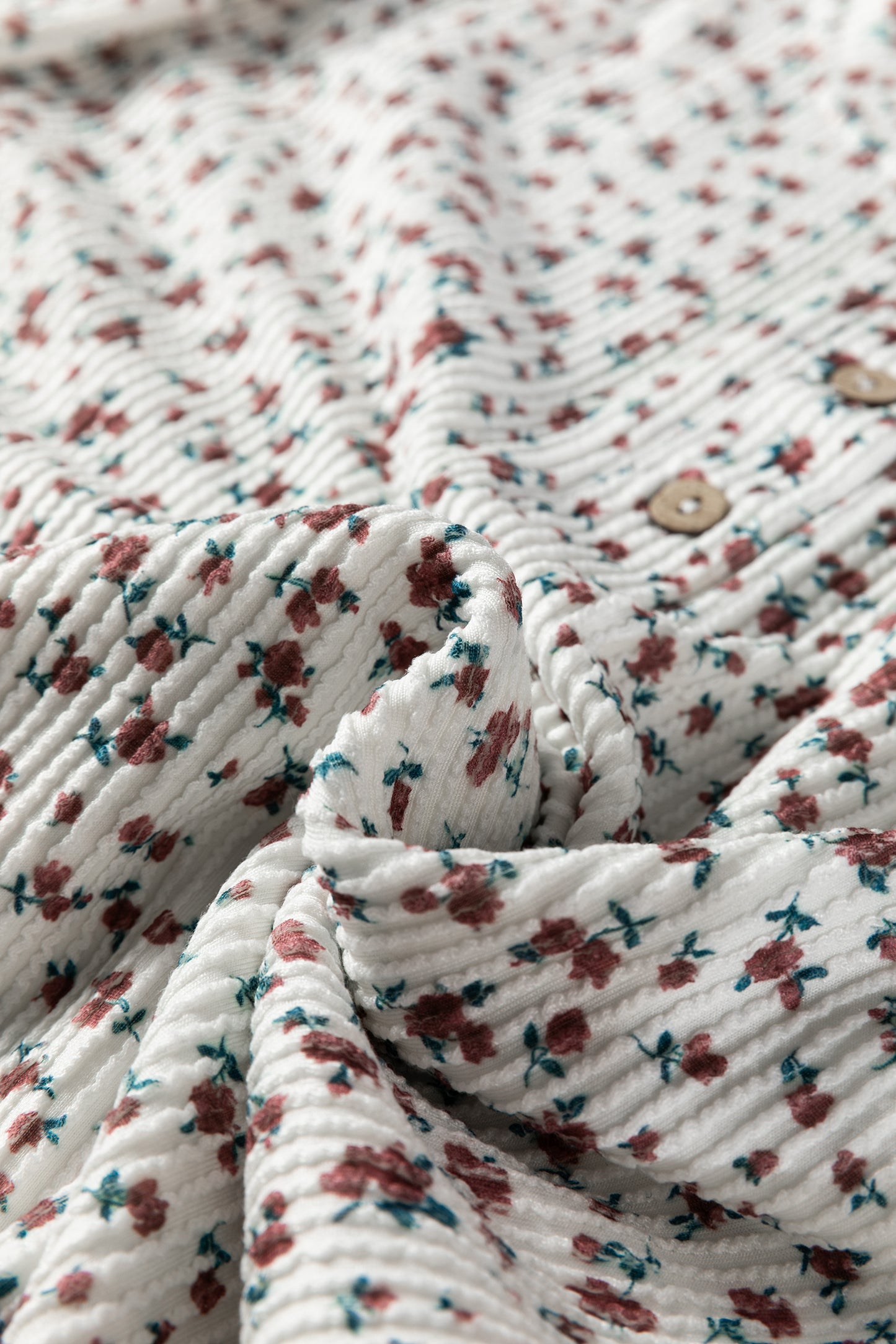 White Spiral Ribbed Floral Print Long Sleeve Henley Top Drawstring Short Set