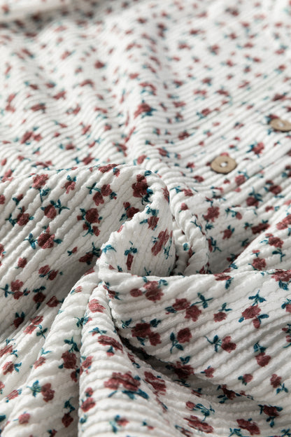 White Spiral Ribbed Floral Print Long Sleeve Henley Top Drawstring Short Set