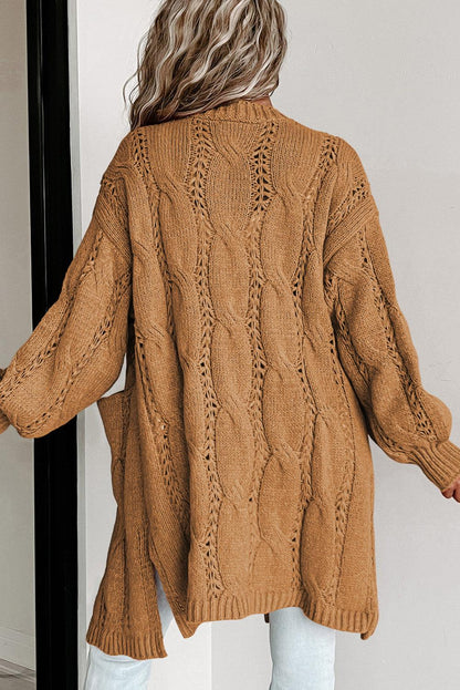 Khaki Ribbed Trim Eyelet Cable Knit Cardigan - L & M Kee, LLC