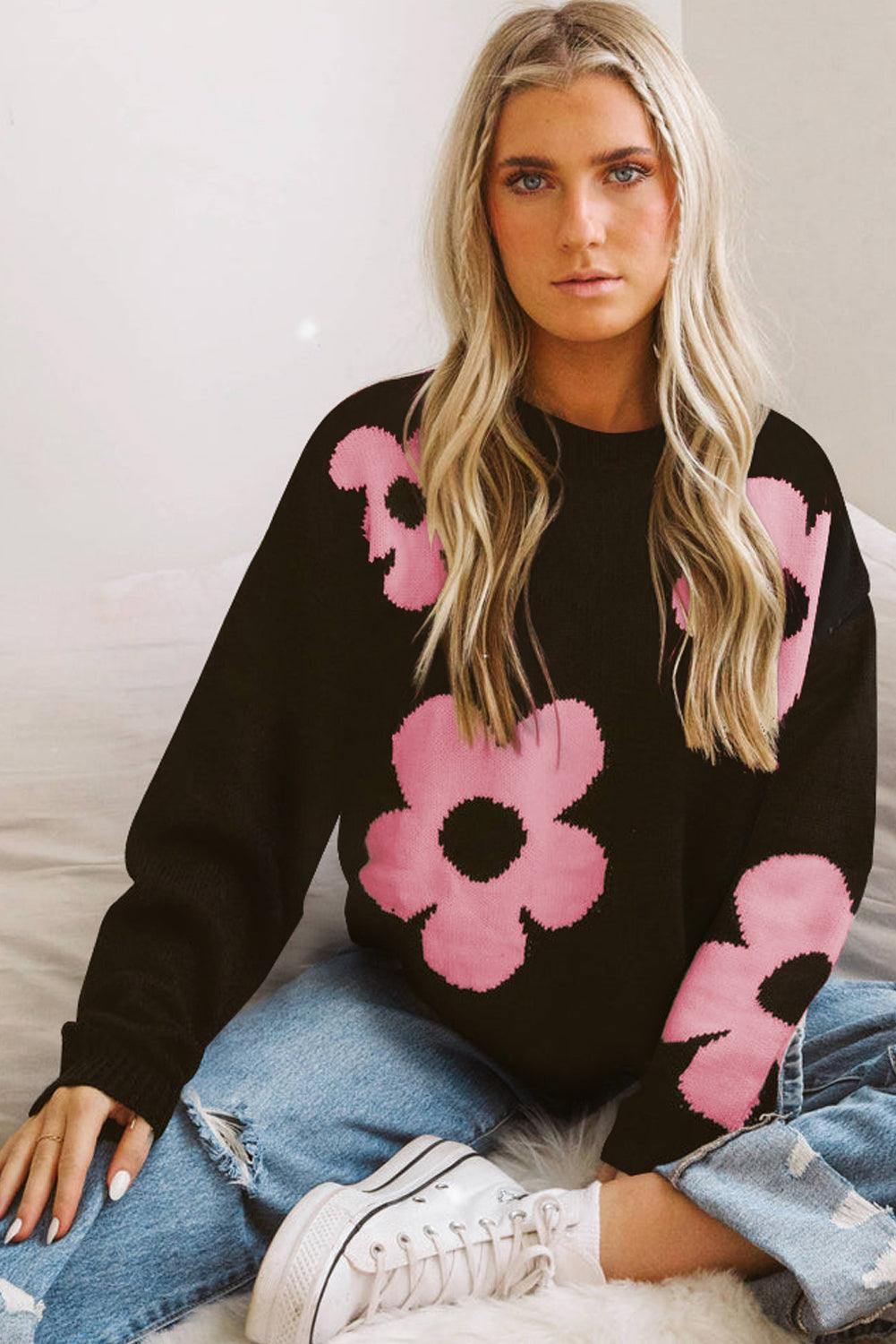 Khaki Big Flower Pattern Drop Shoulder Sweater - L & M Kee, LLC