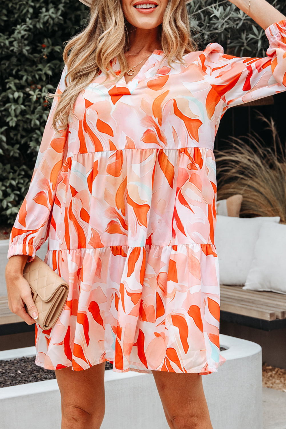 Orange Abstract Print Split Neck Long Sleeve Dress