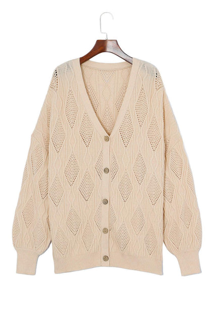 Apricot Plus Size Knitted Hollow out Button up Cardigan - L & M Kee, LLC