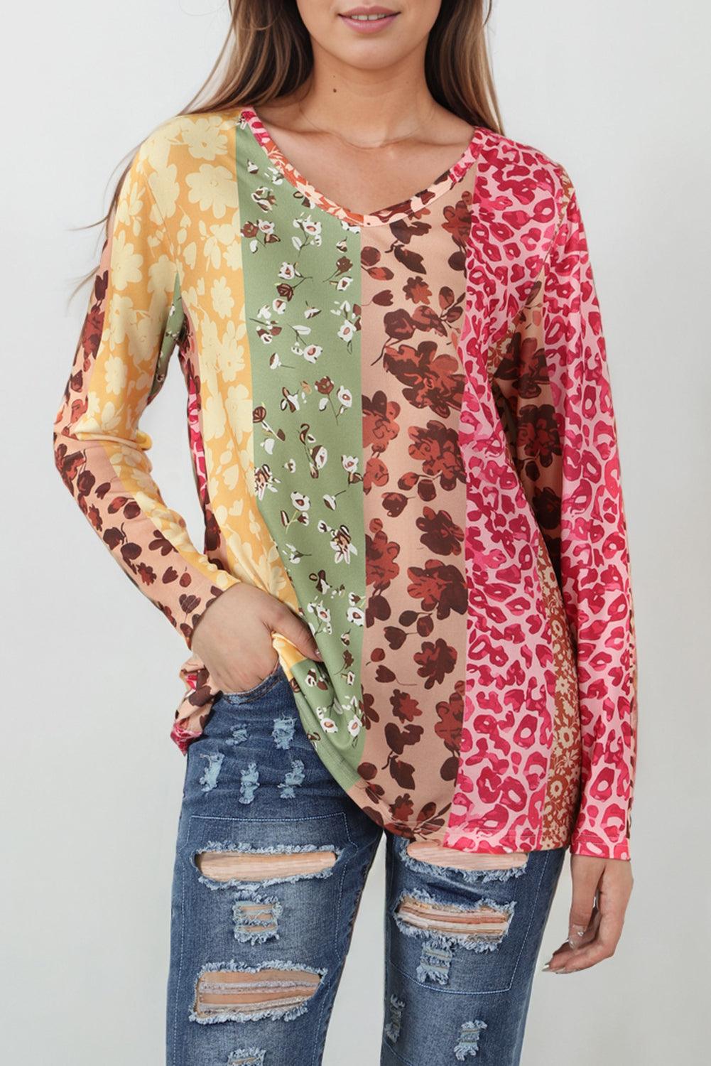 Multicolor Floral Leopard Mixed Print V Neck Long Sleeve Tee - L & M Kee, LLC