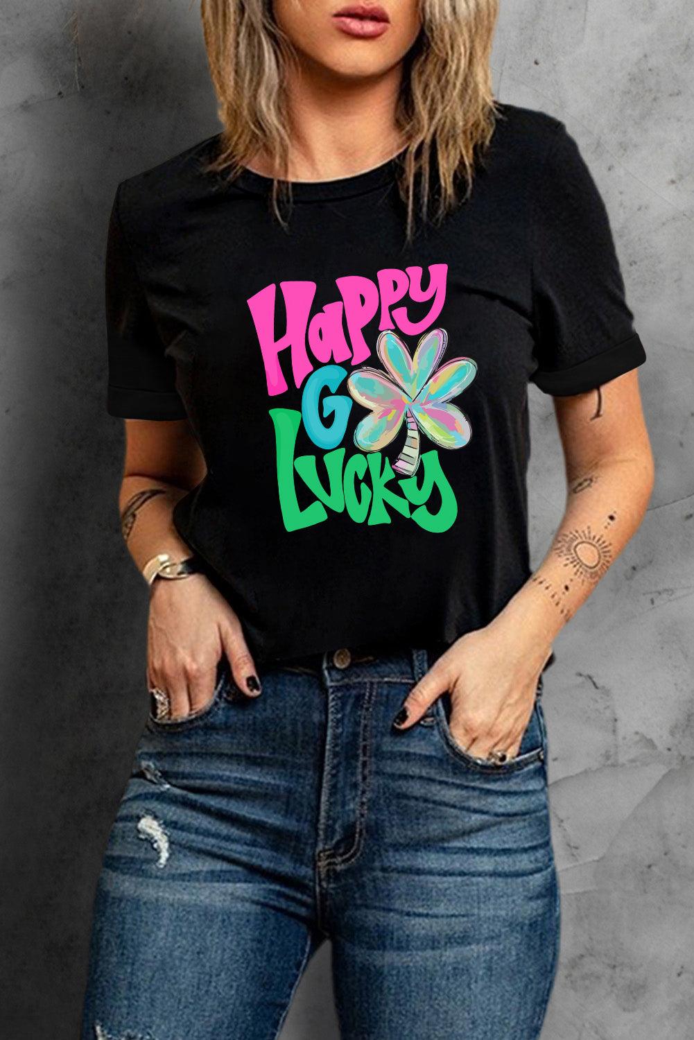 Black Happy GO Lucky Clover Print Crew Neck T Shirt - L & M Kee, LLC