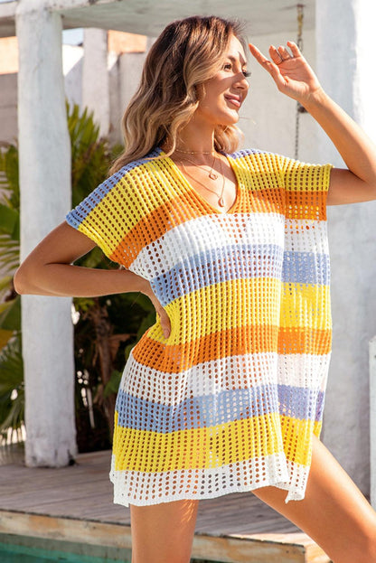 Yellow Striped Hollow Out Knit V Neck Tunic Cover Up - L & M Kee, LLC