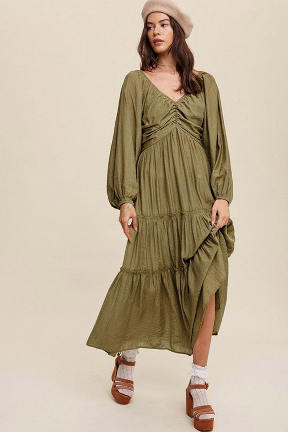 Green V Neck Bowknot Cutout Frill Tiered Maxi Dress - L & M Kee, LLC