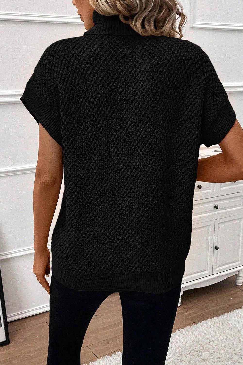 Black Turtleneck Textured Short Sleeve Sweater - L & M Kee, LLC