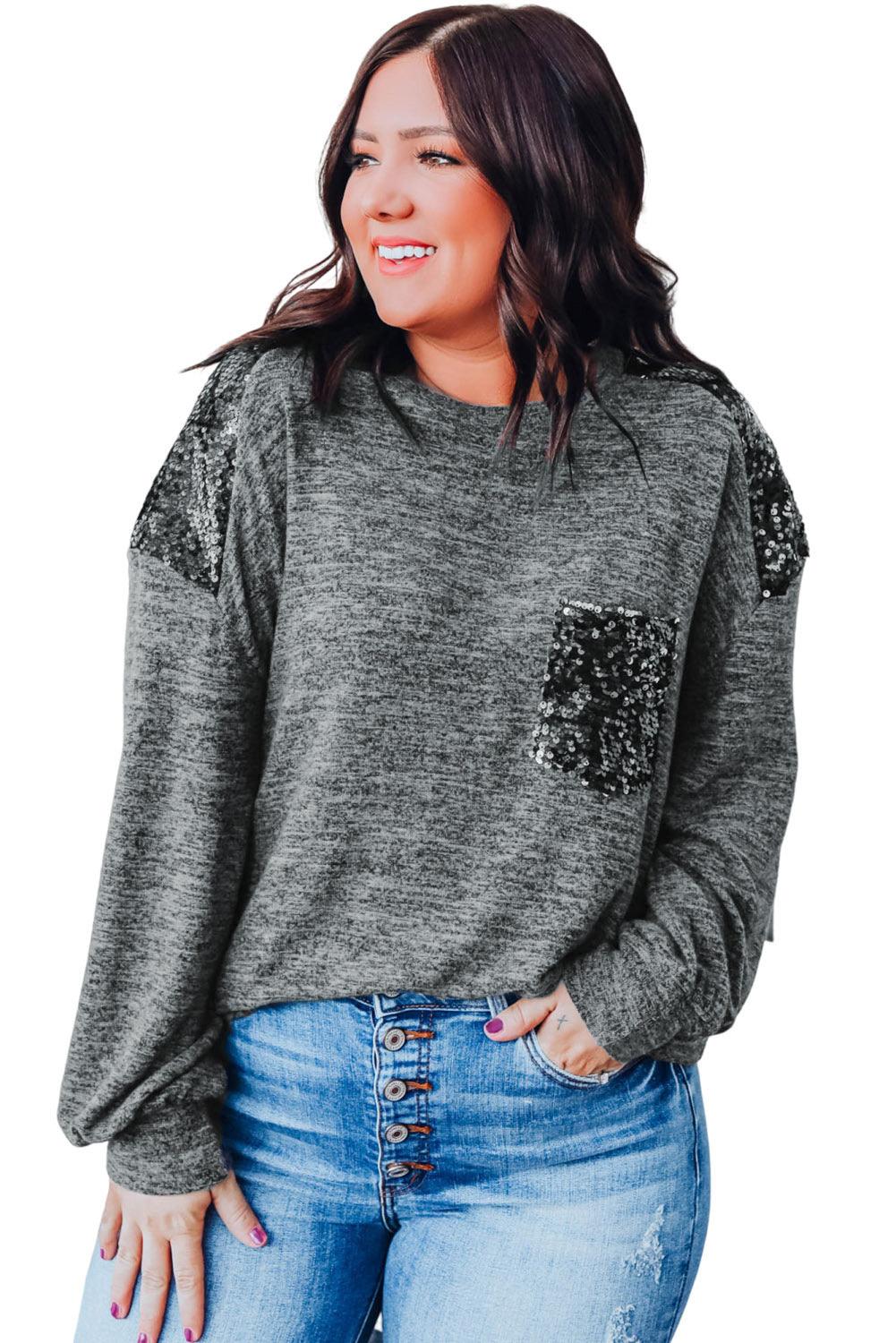 Gray Sequin Patchwork Long Sleeve Plus Size Top - L & M Kee, LLC