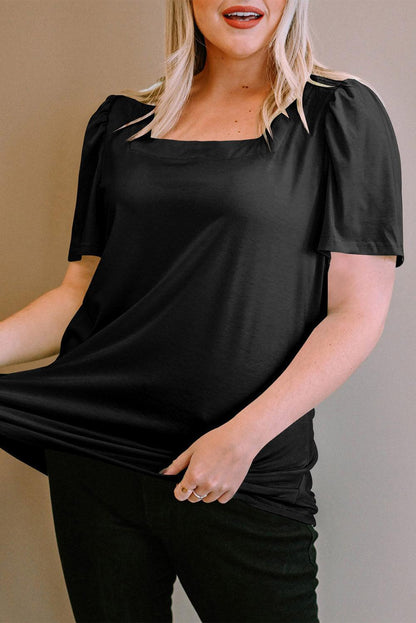 Black Plus Size Square Neck Ruched Shoulder Short Sleeve Top - L & M Kee, LLC