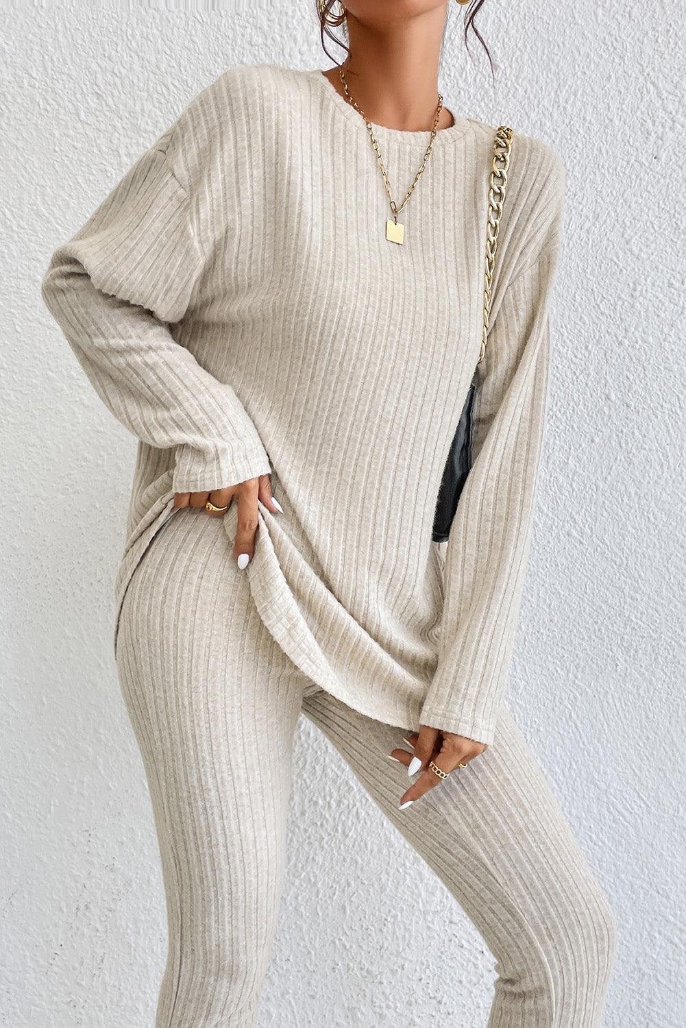 Khaki Ribbed Knit Bell Sleeve Crop Top Drawstring Pants Set - L & M Kee, LLC