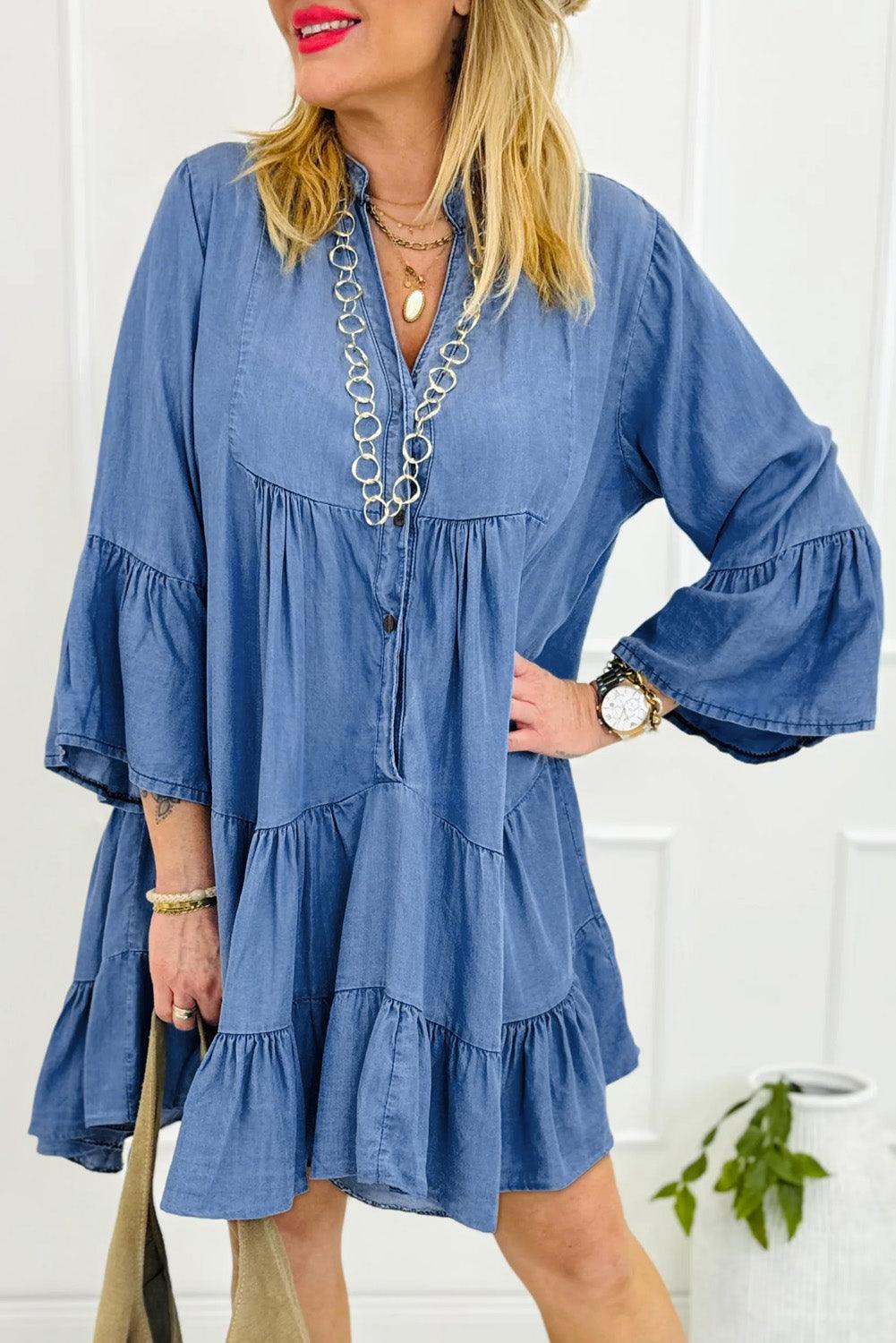 Sky Blue Chambray Ruffled 3/4 Sleeve Tiered Split V Neck Mini Dress - L & M Kee, LLC