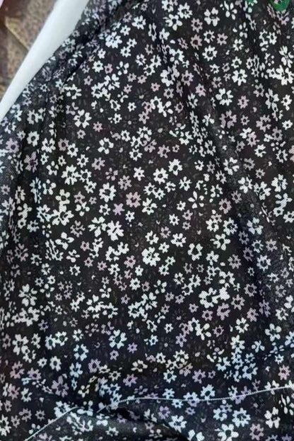 Black Ditsy Floral Mesh Thumbhole Sleeve Slim Fit Top