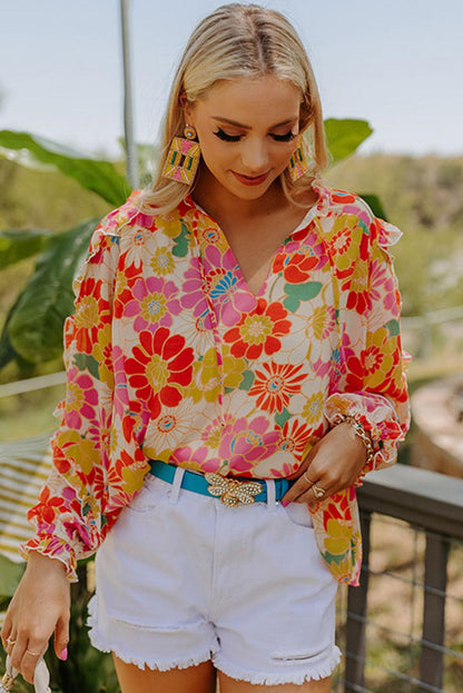 Multicolor Stand Collar Flutter Sleeves Floral Top - L & M Kee, LLC