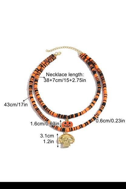 Russet Orange Skull Pumpkin Face Pendant Layered Beaded Halloween Necklace