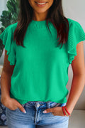 Bright Green Solid Color Ribbed Trim Round Neck Ruffle Short Sleeve Sweater