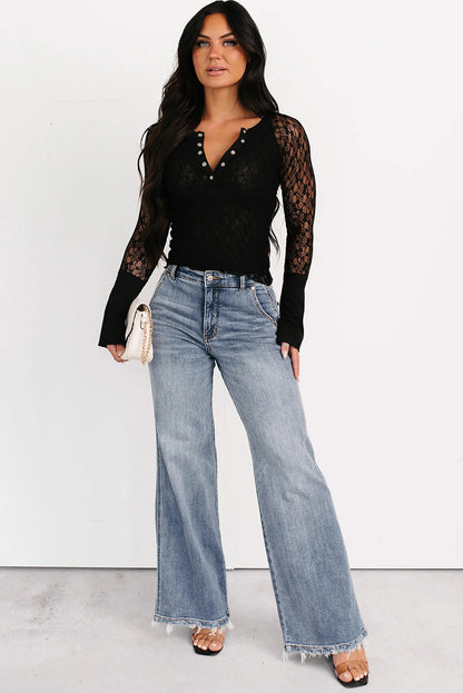 Black Sheer Lace Long Sleeve Slim Henley Top