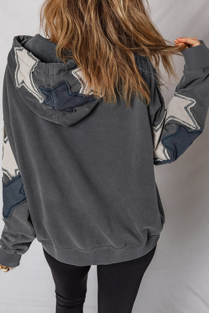 Carbon Grey Star Patchwork Contrast Stitching Mineral Wash Kangaroo Pocket Vintage Hoodie