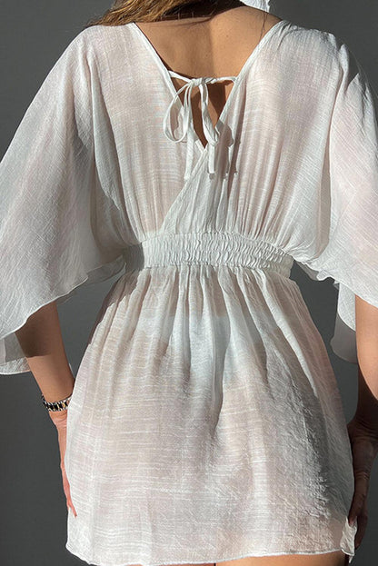 White Semi-sheer Wrapped Flowy Sleeve Beach Dress - L & M Kee, LLC