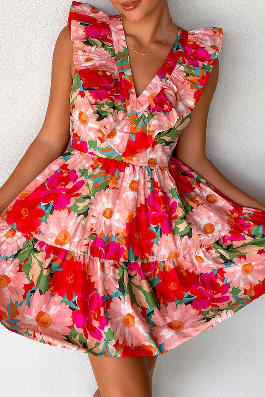 Floral Sleeveless V Neck Frill Mini Dress - L & M Kee, LLC