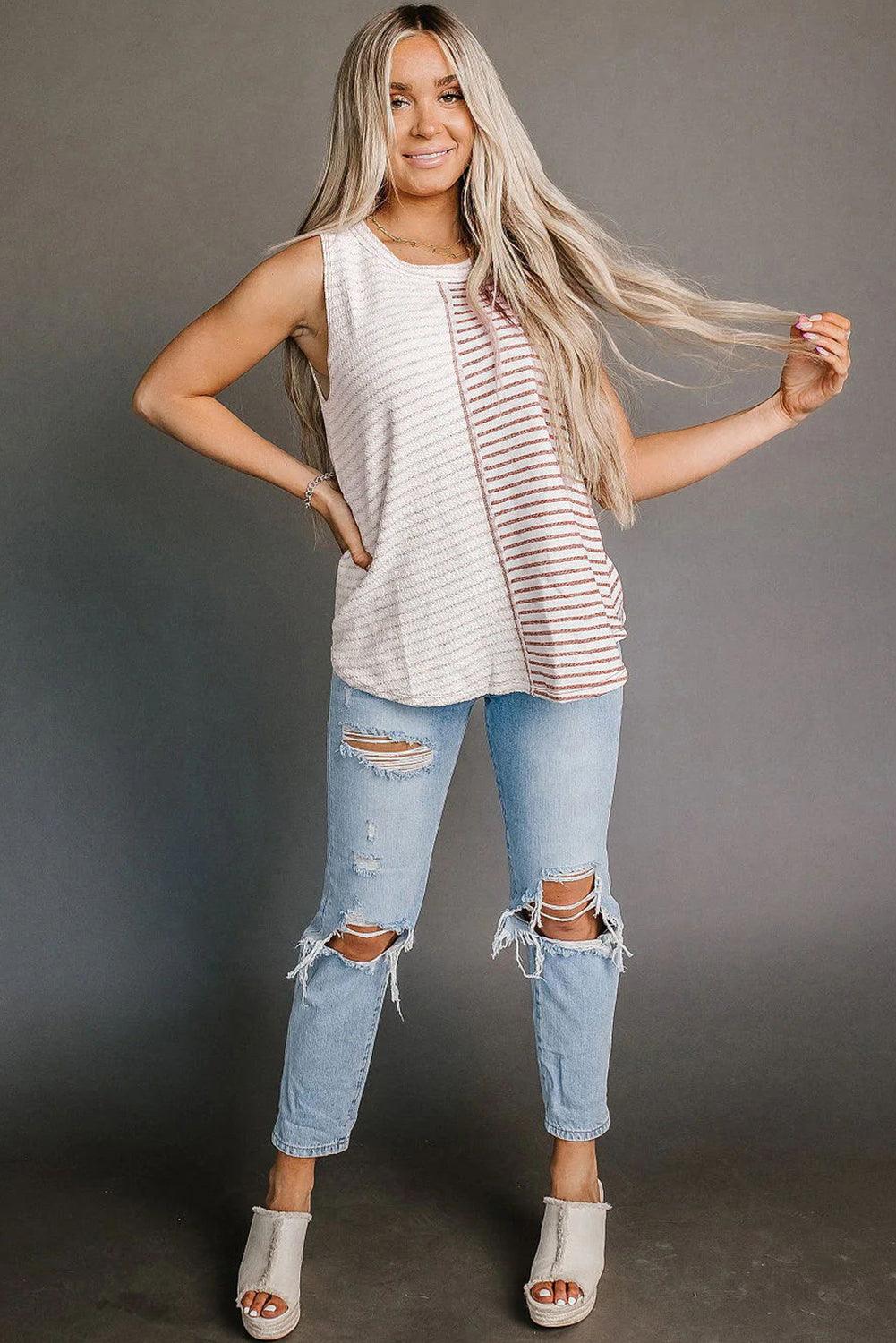 Brown Stripe Colorblock Loose Tank Top - L & M Kee, LLC