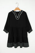 Black Contrast Stitched V Neck 3/4 Sleeve Tiered Mini Dress