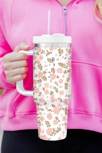 White Cute Flower Print Large Stainless Steel Tumbler 40oz - L & M Kee, LLC