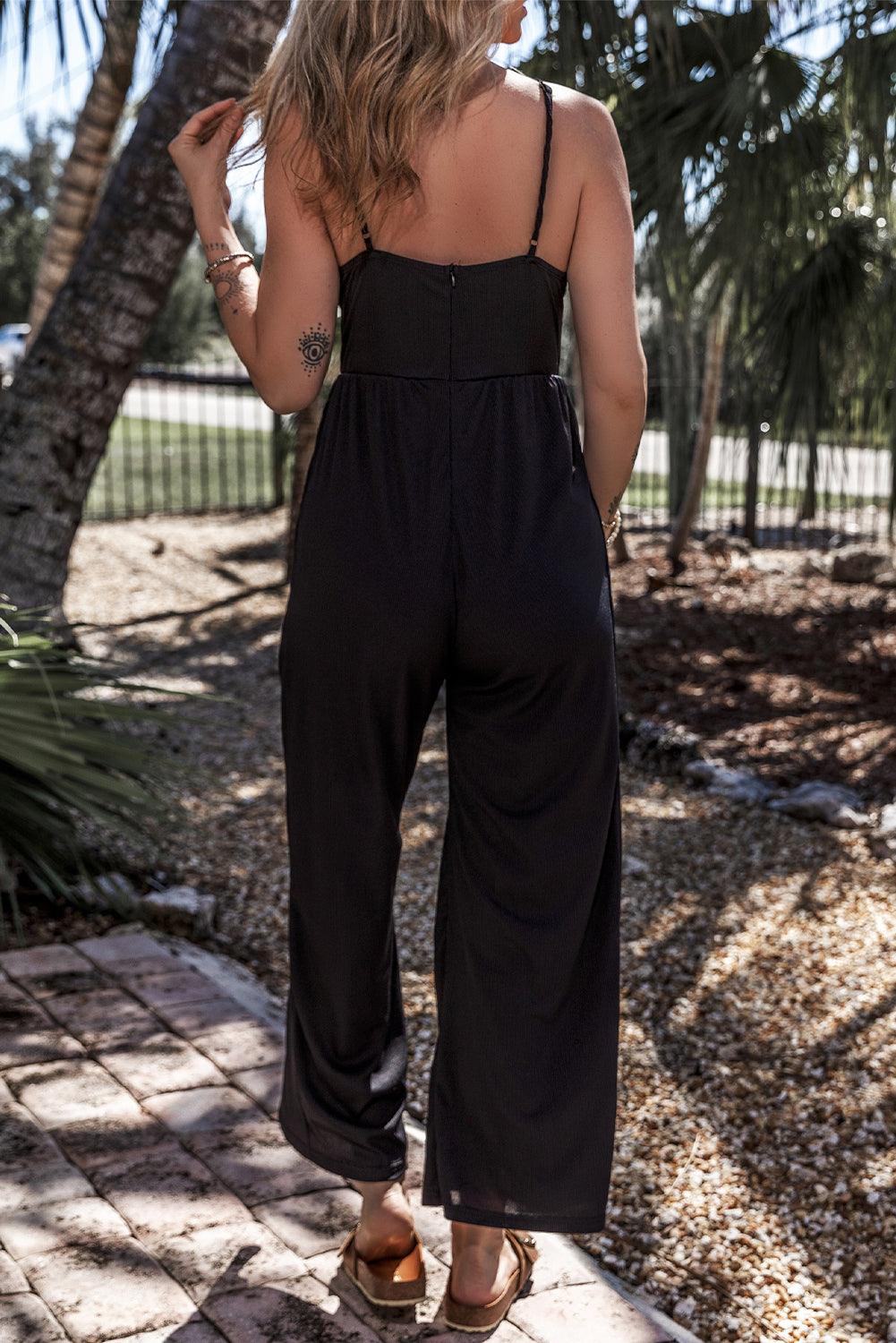 Black Wide Leg High Waist Sexy V Neck Cami Jumpsuit - L & M Kee, LLC