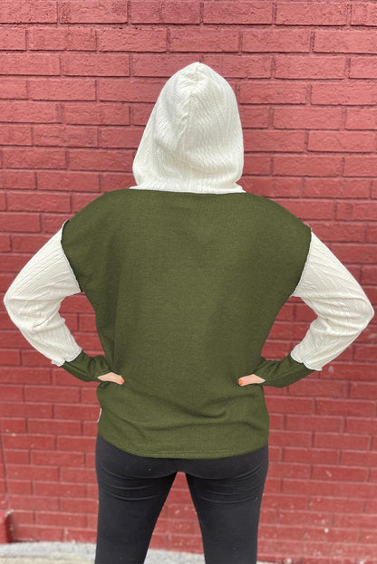 Jungle Green Color Block Textured Buttoned Kangaroo Pocket Hoodie - L & M Kee, LLC