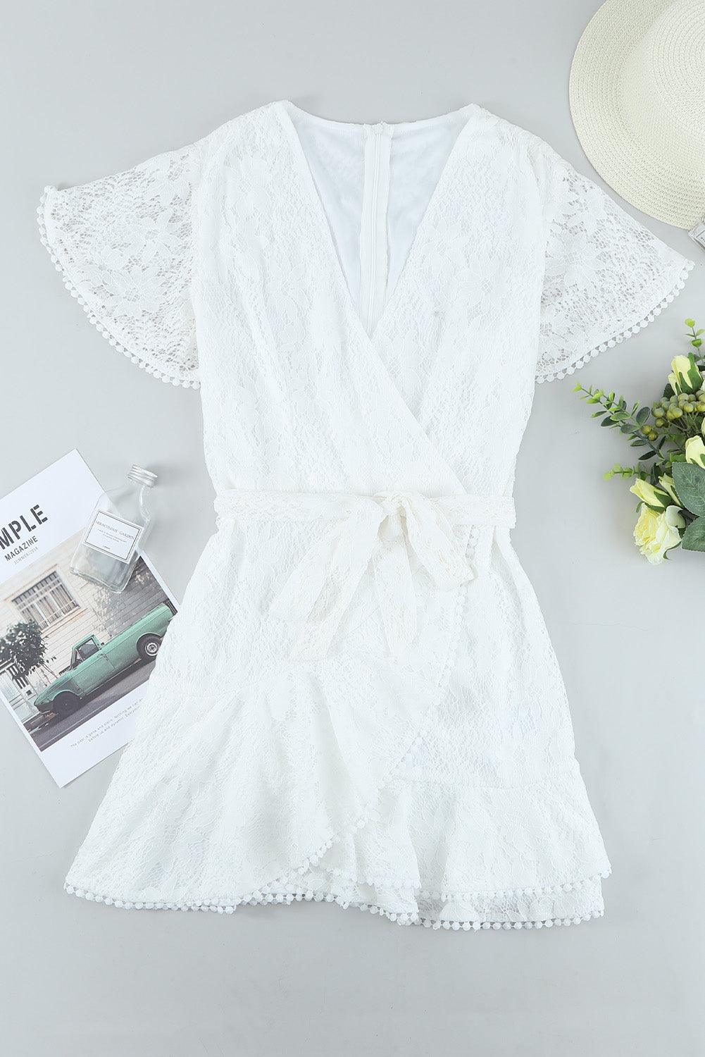 White Flutter Sleeve Wrap V Neck Floral Lace Short Dress - L & M Kee, LLC